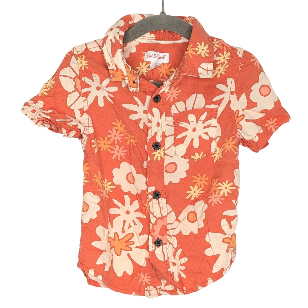 Cat & Jack Boys Orange Floral Button Down Shirt Short Sleeve Rayon 2T Tropical